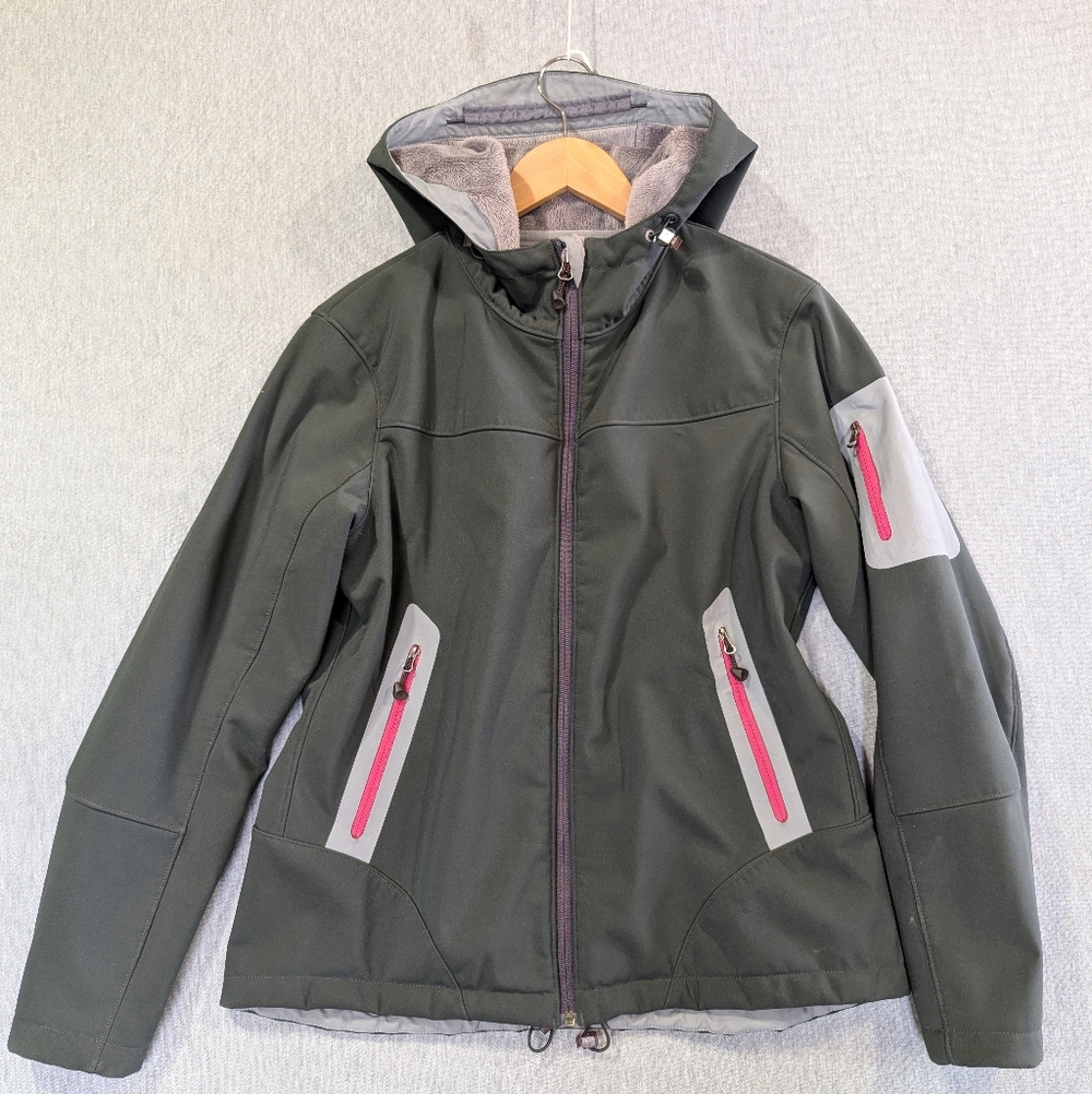 Eddie Bauer Fleece Lined Softshell Jacket Women's Medium Grey Fuscia Trim